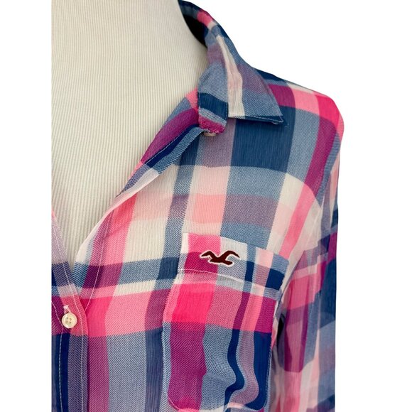 Hollister 2016 Pink & Blue Sheer Plaid Button-Up & Roll Cuffs Casual Relaxed Top - Picture 2 of 13